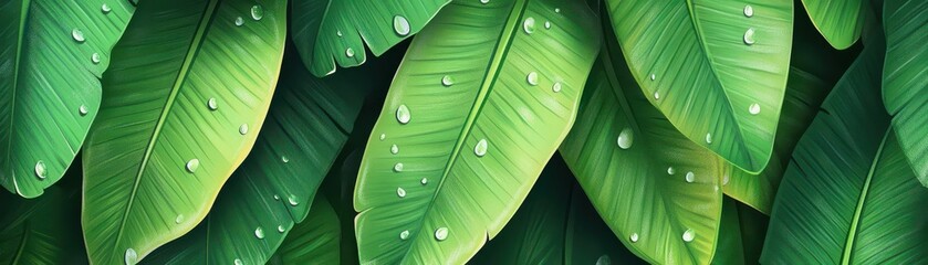 Wall Mural - banana leaves with water droplets, tropical background flat design, top view, summer vibes, cartoon drawing, vivid colors