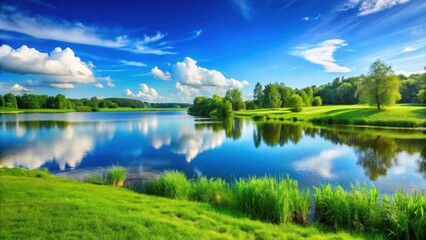 Wall Mural - Beautiful landscape with blue sky, lush green grass, and a serene lake , nature, peaceful, scenery, tranquil