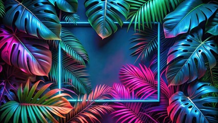 Creative jungle neon color layout made of tropical leaves. Flat lay fluorescent colors. Nature concept, jungle