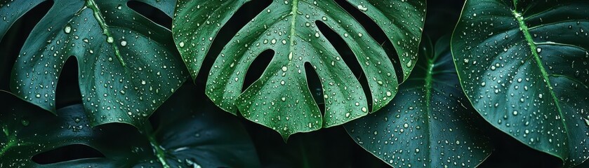 Wall Mural - close-up of monstera leaves with water droplets, tropical theme flat design, front view, exotic atmosphere, cartoon drawing, Complementary Color Scheme