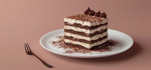 Indulgent Tiramisu: A decadent slice of tiramisu, layered with rich espresso-soaked ladyfingers and creamy mascarpone, is presented on a white plate with a fork, ready to satisfy any sweet tooth.  