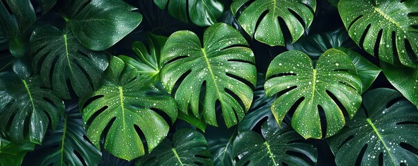 Wall Mural - monstera leaves covered in dew, tropical forest flat design, top view, exotic greenery, animation style, Split-complementary Color Scheme