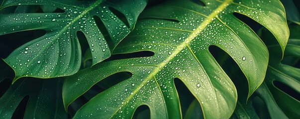 Wall Mural - monstera leaves with sparkling dew, tropical theme flat design, top view, fresh and vibrant, water color, vivid colors