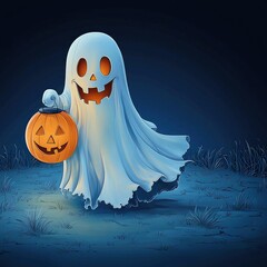 Poster - Friendly Ghost Holding a Jack-o-Lantern