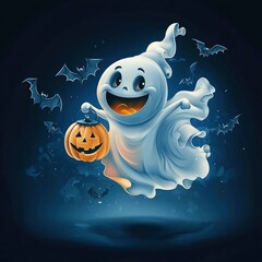 Canvas Print - Friendly Ghost with Jack-o'-Lantern on Halloween Night