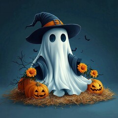 Sticker - Cute Ghost in a Witch Hat with Pumpkins and Flowers for Halloween