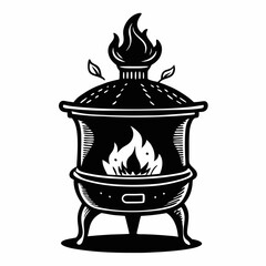 A black and white drawing of a fire pit with a flame