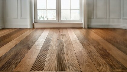 A detailed shot of the wooden flooring in an empty room, with white paneling walls and a big