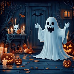 Poster - Friendly Ghost Welcoming Trick or Treaters on Halloween Night