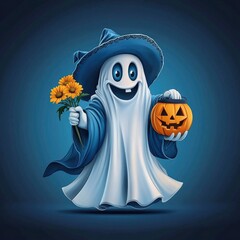 Canvas Print - Friendly Ghost Holding Pumpkin and Flowers