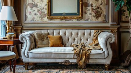 Elegant white tufted sofa with pillows and throw blanket in a vintage living room interior