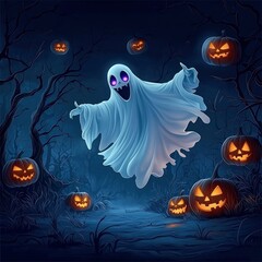 Poster - Ghostly Halloween Scene with Pumpkins in a Spooky Forest