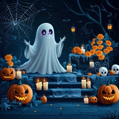 Canvas Print - Friendly Ghost on Halloween Steps