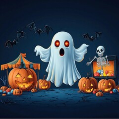 Canvas Print - Halloween Ghost and Pumpkins