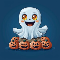 Canvas Print - Cute Ghost Sitting on Pumpkins for Halloween