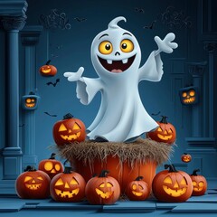 Canvas Print - Friendly Ghost with Jack-O-Lanterns for Halloween