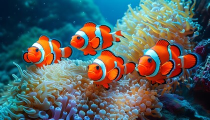 Wall Mural - Vibrant Clownfish Family Dancing in a Whimsical Anemone Wonderland of a Stunning Underwater Realm