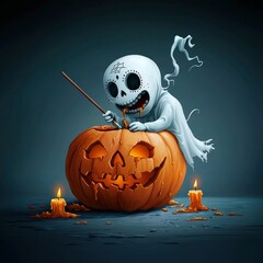 Poster - Spooky Ghost Carving a Jack-o'-Lantern for Halloween