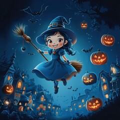 Sticker - Cute Witch Flying on a Broomstick on Halloween Night