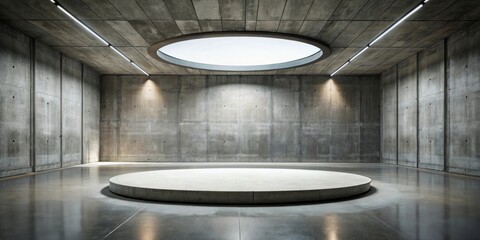 Abstract industrial interior background with oval ceiling opening, raised platform, and rough concrete floor , modern, large