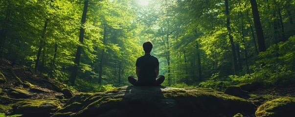 Peaceful moment in a forest, person taking deep breaths, feeling the vitality of the fresh air Wellness, Breathing, nature, greenery