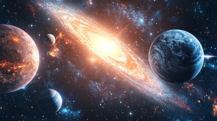 Beautiful space background with planets of the solar system and galaxy.