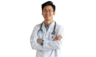 Portrait of a smiling Asian male doctor with a stethoscope, isolated on transparent background