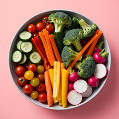 A plate full of fresh vegetables like broccoli, carrots, peppers, tomatoes, radishes, and cucumbers, presented in vibrant colors and looking healthy.