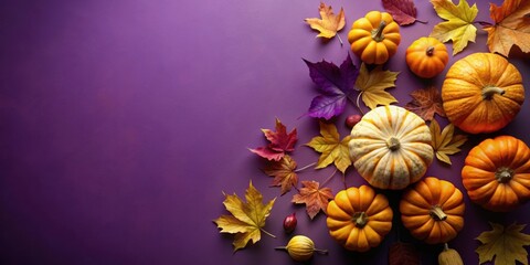 Wall Mural - Autumn background with pumpkins and leaves on a purple background, Autumn, background, pumpkins, leaves, purple