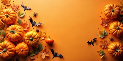 Wall Mural - Festive Halloween background with pumpkins, bats, and autumn leaves on orange backdrop, Pumpkins, bats, autumn leaves