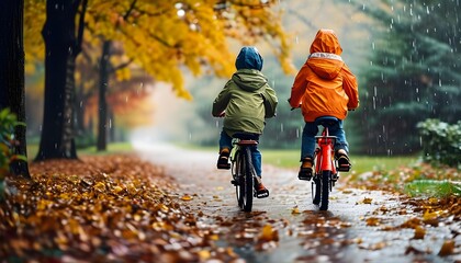 Autumn Rainy Campus Path with Student Cycling Amidst Colorful Fallen Leaves