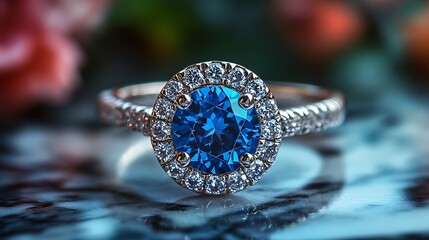 A close-up of a sparkling blue gemstone engagement ring on a marble surface.