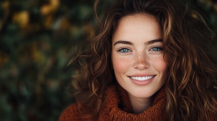 A cheerful woman with curly hair smiles warmly against a natural backdrop, embodying beauty and joy in a vibrant setting.