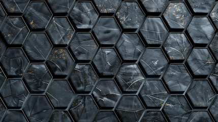 Wall Mural - Black hexagonal tiles with gold accents.