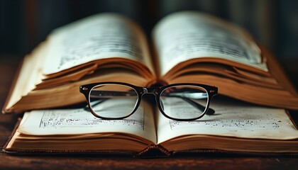 Wall Mural - Exploration of Knowledge: Eyeglasses on an Open Journal Reflecting the Journey of Discovery and Academic Enlightenment