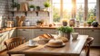 © Bounpaseuth - Cozy kitchen table with fresh bread and coffee on one side, leaving room for copy, warm atmosphere, [kitchen table copy space], [homey kitchen setting]