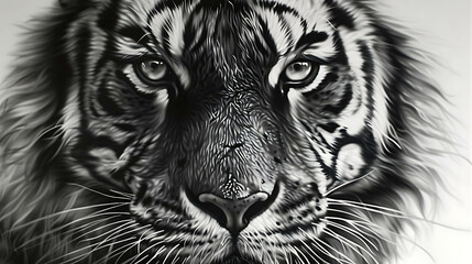 Wall Mural - Close-up portrait of a tiger's face in black and white.