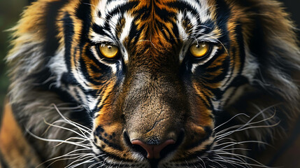 Wall Mural - Close-up of a tiger's face with piercing yellow eyes and sharp whiskers.