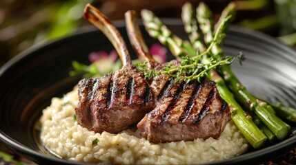 Wall Mural - Grilled Lamb Chops with Risotto and Asparagus