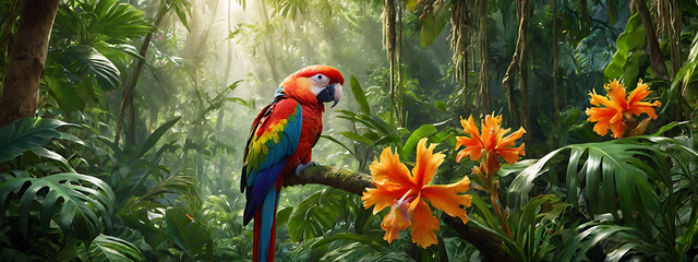 A vibrant tropical jungle with lush green leaves, exotic flowers, and a bright parrot perched on a branch. The background has dappled sunlight filtering through the dense canopy