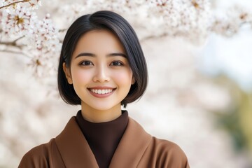 A joyful woman poses gracefully among blooming cherry blossoms, showcasing natural beauty and a warm smile in a serene setting.