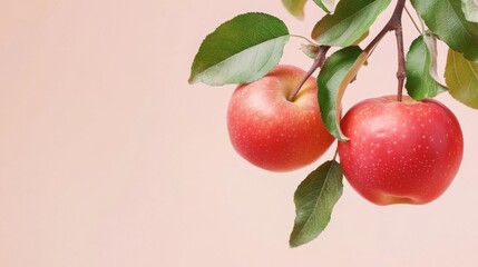 141. Two bright red apples with fresh green leaves hanging from a branch, isolated against a soft pink background, highlighting the vibrant contrast and natural beauty