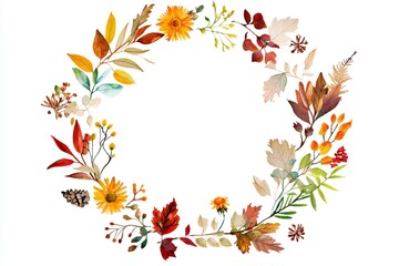 photo Fall floral wreath, autumn flowers, leaves, and wildflowers. Autumn leaves and wildflowers clipart. Invitation floral card design. PNG format. 