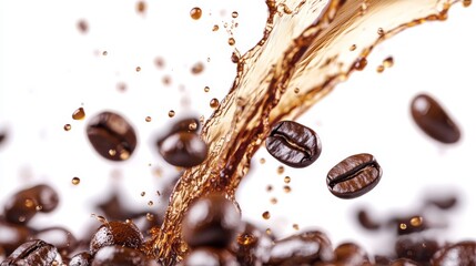 2. High-speed capture of coffee splashing upwards with coffee beans frozen in motion, creating an energetic and lively scene on a clean white backdrop