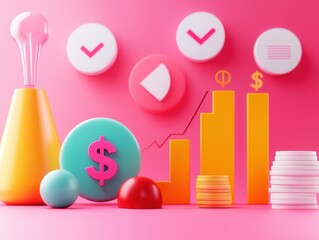 Poster - 3D Rendering of Business Growth with Dollar Sign and Checkmark Icons