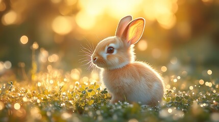 A cute brown bunny rabbit sits in a field of green grass with a warm golden sunset behind it.