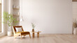 © LEKSTOCK 3D - Minimal living room with classic chair and coffee table Wooden furniture and minimal decoration with white walls ,3d render