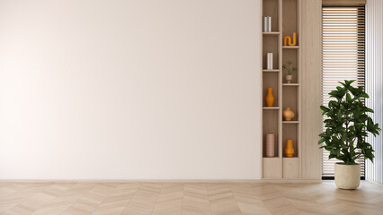 Wall Mural - Empty room ,Minimalist living room With wood  shelves, white wall background .3drender