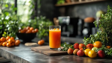 Wall Mural - Freshly Squeezed: A glass of vibrant orange juice sits on a rustic wooden countertop, surrounded by a medley of fresh fruits, including lemons, apricots, and strawberries. The backdrop features a mode