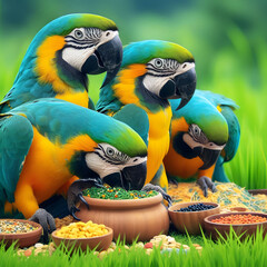  Macaw Birds on a green field and food feed 4K Bright picture isolated on Natural background (